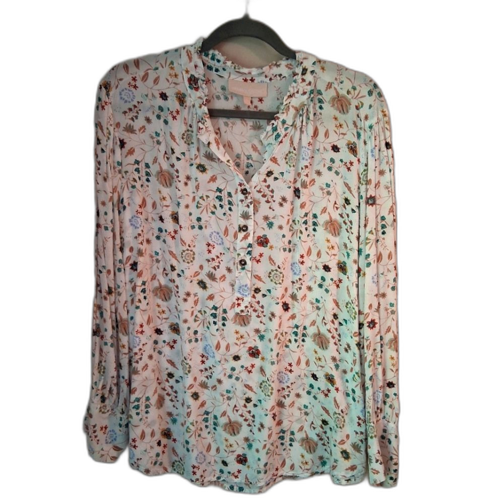 Grand & Greene Floral 1/2 Button-Up Long Sleeve Blouse With Ruffled Collar